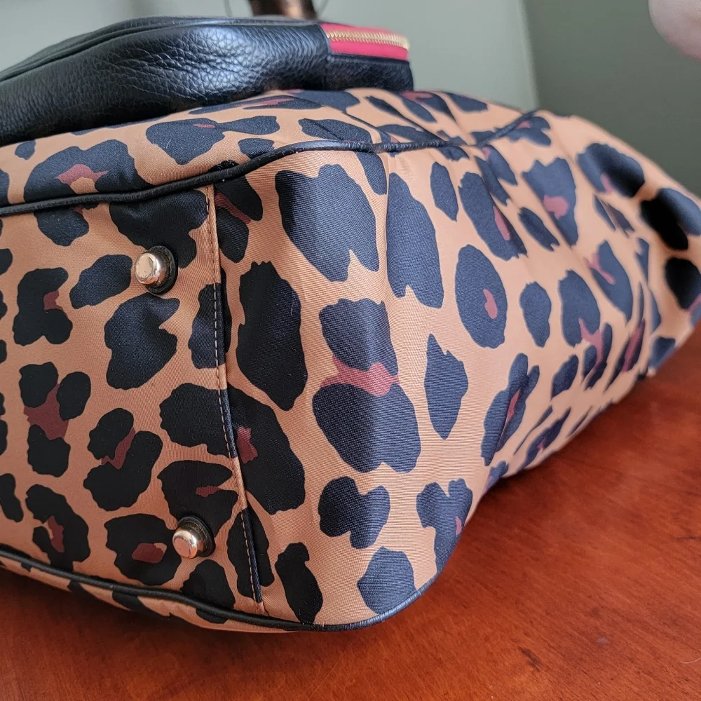 Coach C5668 Court Leopard Print Nylon Tote Pebbled Leather Black Tan Bag